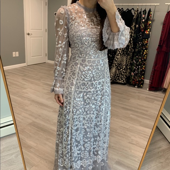 Needle & Thread Dresses & Skirts - NWT Silver/Grey Sequin Needle & Thread long sleeve gown